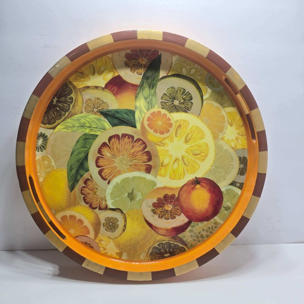 Annie Modica Citrus Decoupage Round Wooden Serving Tray Orange Yellow 15 Inch